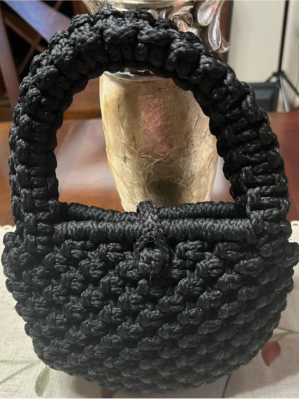 Black Hand-Knotted Woven Mini Tote Bag